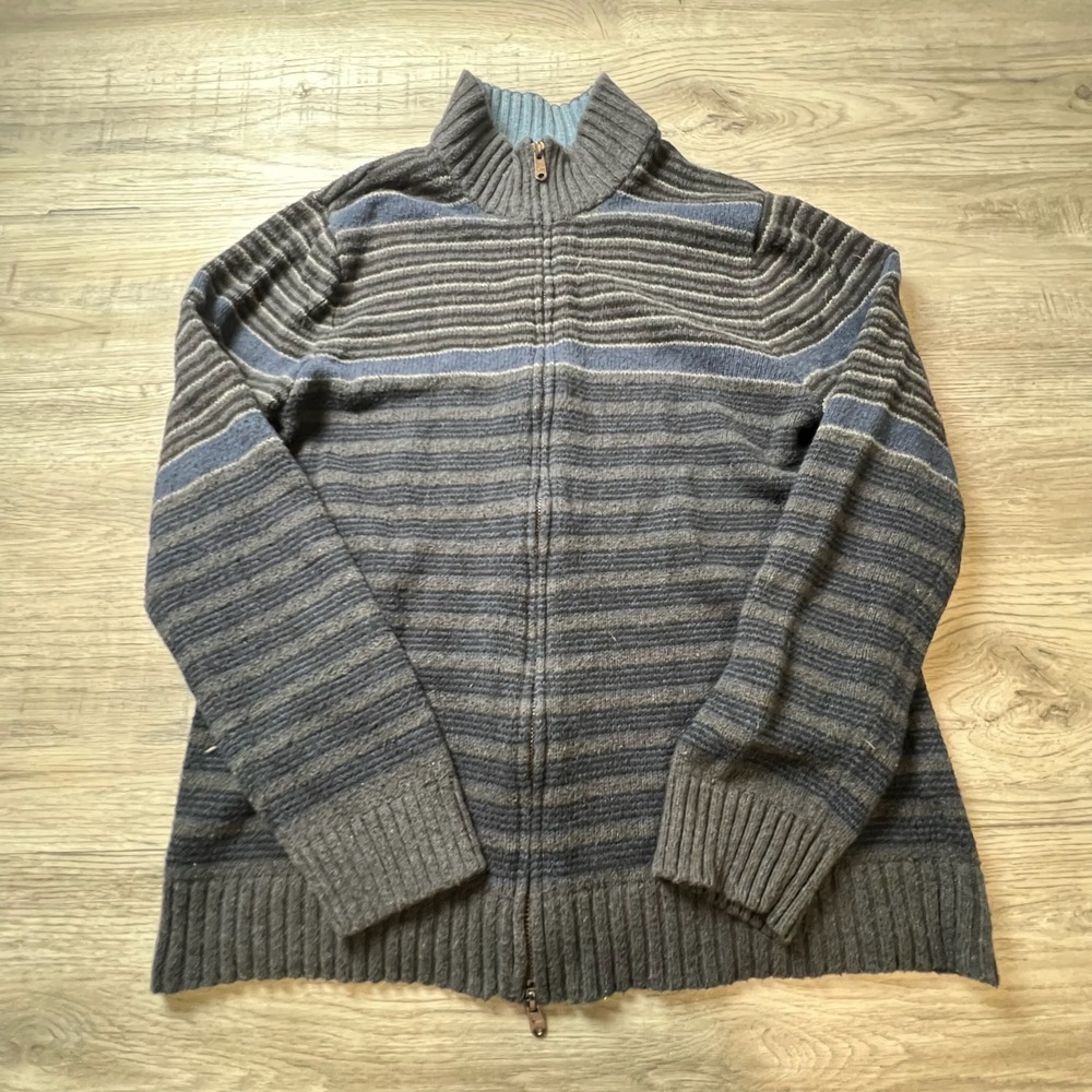 Marc Anthony Full Zip Sweater Men Large Blue Grey Striped Mock Neck Cotton Blend